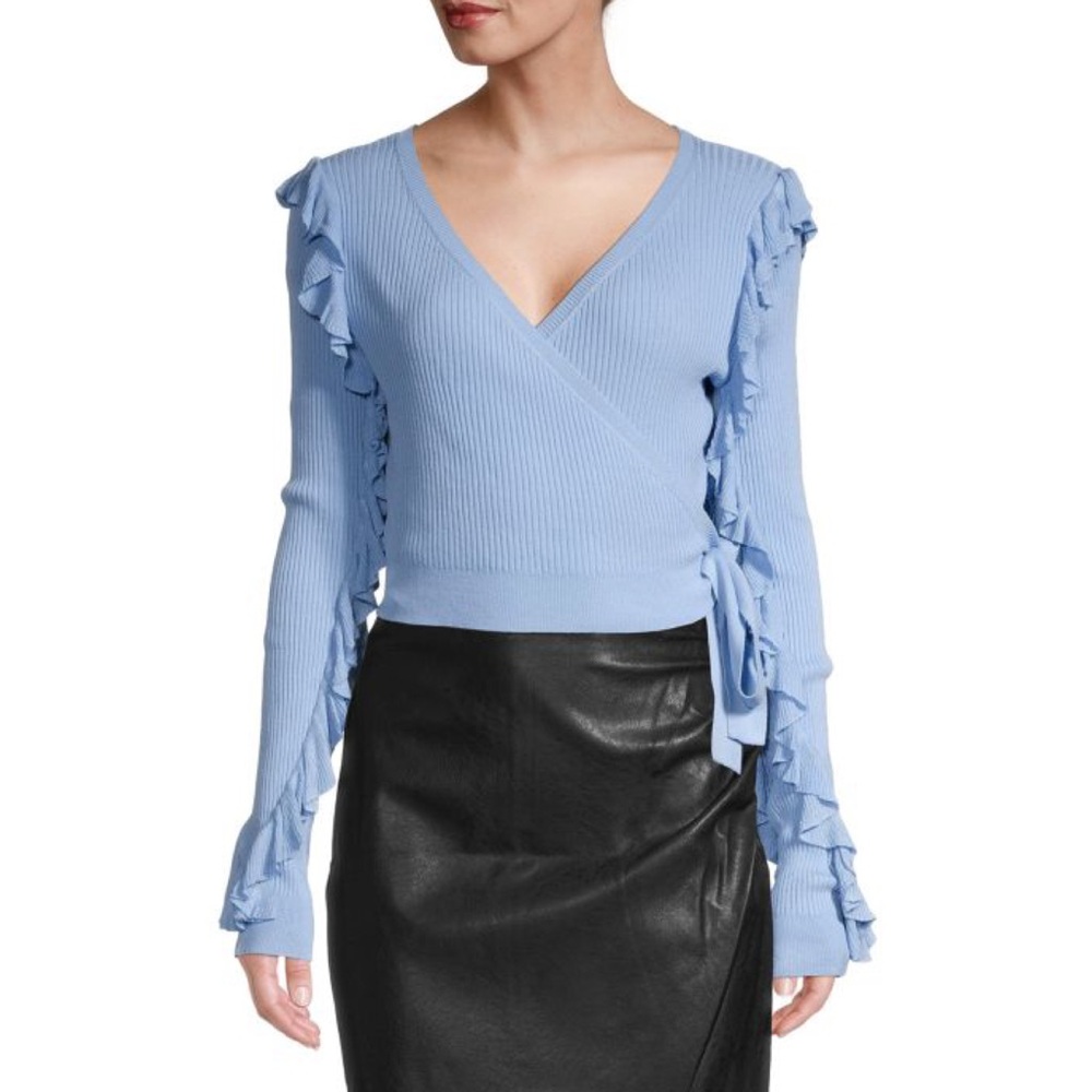 LEA & VIOLA Ribbed-Knit Ruffle Crop Wrap Top Women's Size Large